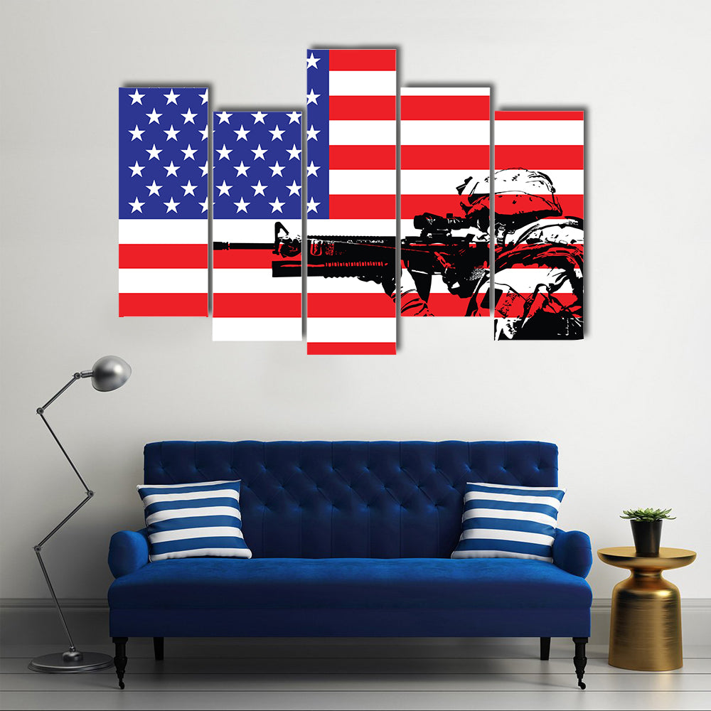 US Soldier Illustrating In Front Of The National FlagMulti Panel Canvas Wall Art