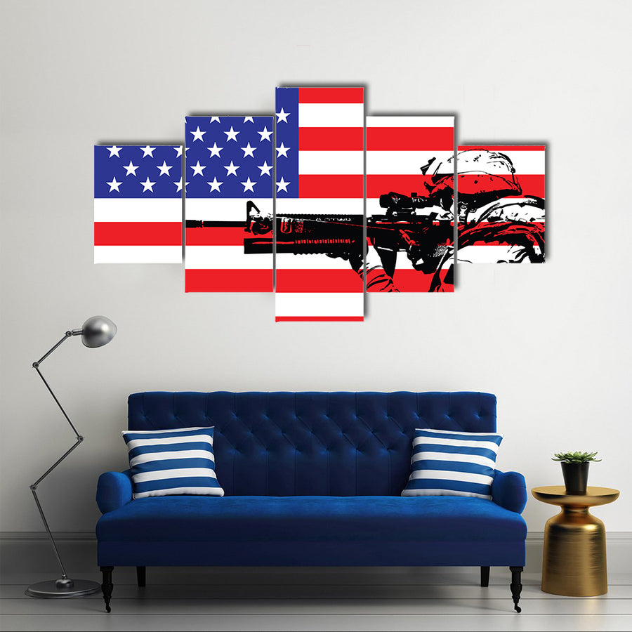 US Soldier Illustrating In Front Of The National FlagMulti Panel Canvas Wall Art