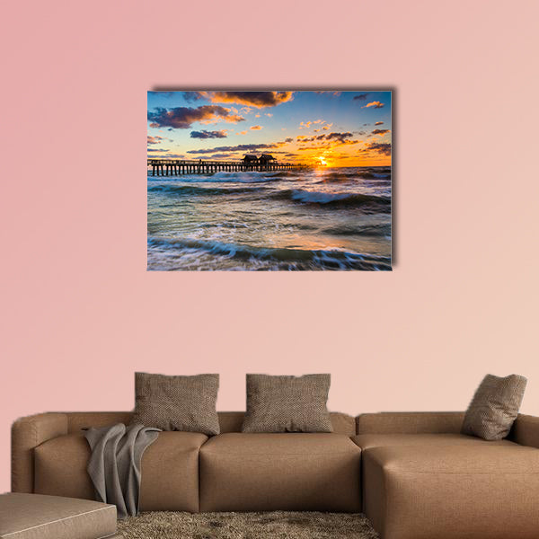 Sunset over the fishing pier and Gulf of Mexico in Naples, Florida multi panel canvas wall art