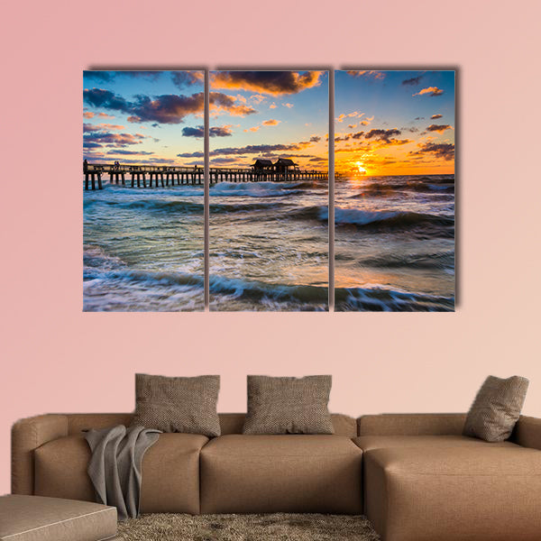 Sunset over the fishing pier and Gulf of Mexico in Naples, Florida multi panel canvas wall art