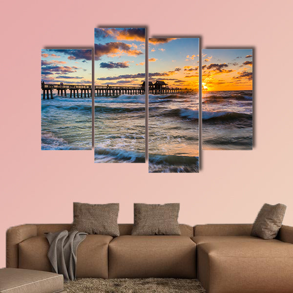 Sunset over the fishing pier and Gulf of Mexico in Naples, Florida multi panel canvas wall art