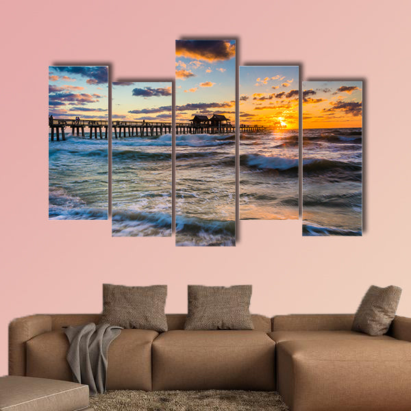 Sunset over the fishing pier and Gulf of Mexico in Naples, Florida multi panel canvas wall art