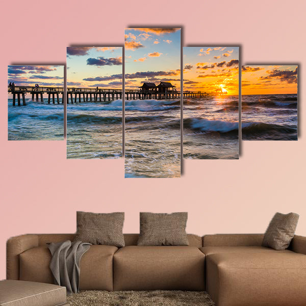 Sunset over the fishing pier and Gulf of Mexico in Naples, Florida multi panel canvas wall art