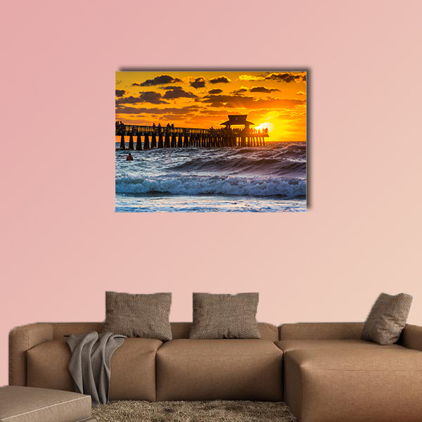 Sunset over the fishing pier and Gulf of Mexico in Naples, Florida multi panel canvas wall art