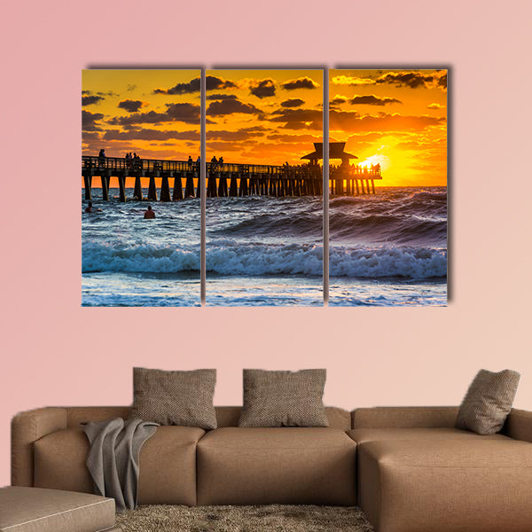 Sunset over the fishing pier and Gulf of Mexico in Naples, Florida multi panel canvas wall art