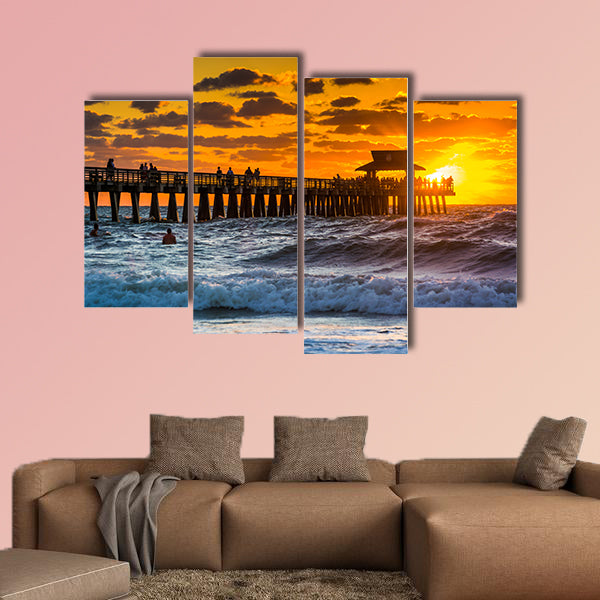 Sunset over the fishing pier and Gulf of Mexico in Naples, Florida multi panel canvas wall art