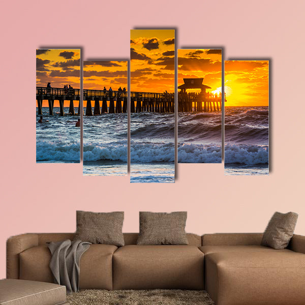Sunset over the fishing pier and Gulf of Mexico in Naples, Florida multi panel canvas wall art