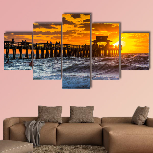 Sunset over the fishing pier and Gulf of Mexico in Naples, Florida multi panel canvas wall art