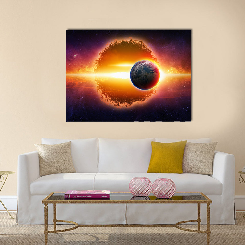 Fantastic Scenery of Aliens Planet Approaching Earth In Space For War Multi Panel Canvas Wall Art