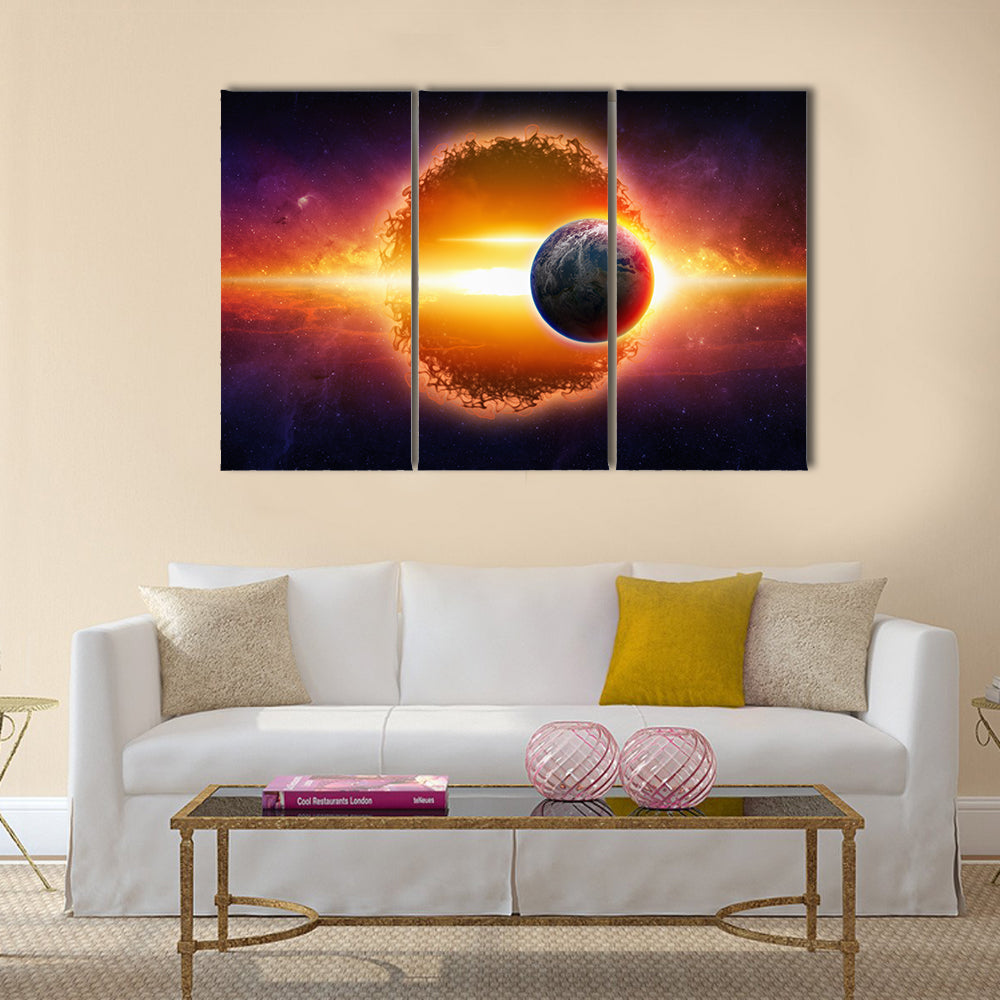 Fantastic Scenery of Aliens Planet Approaching Earth In Space For War Multi Panel Canvas Wall Art