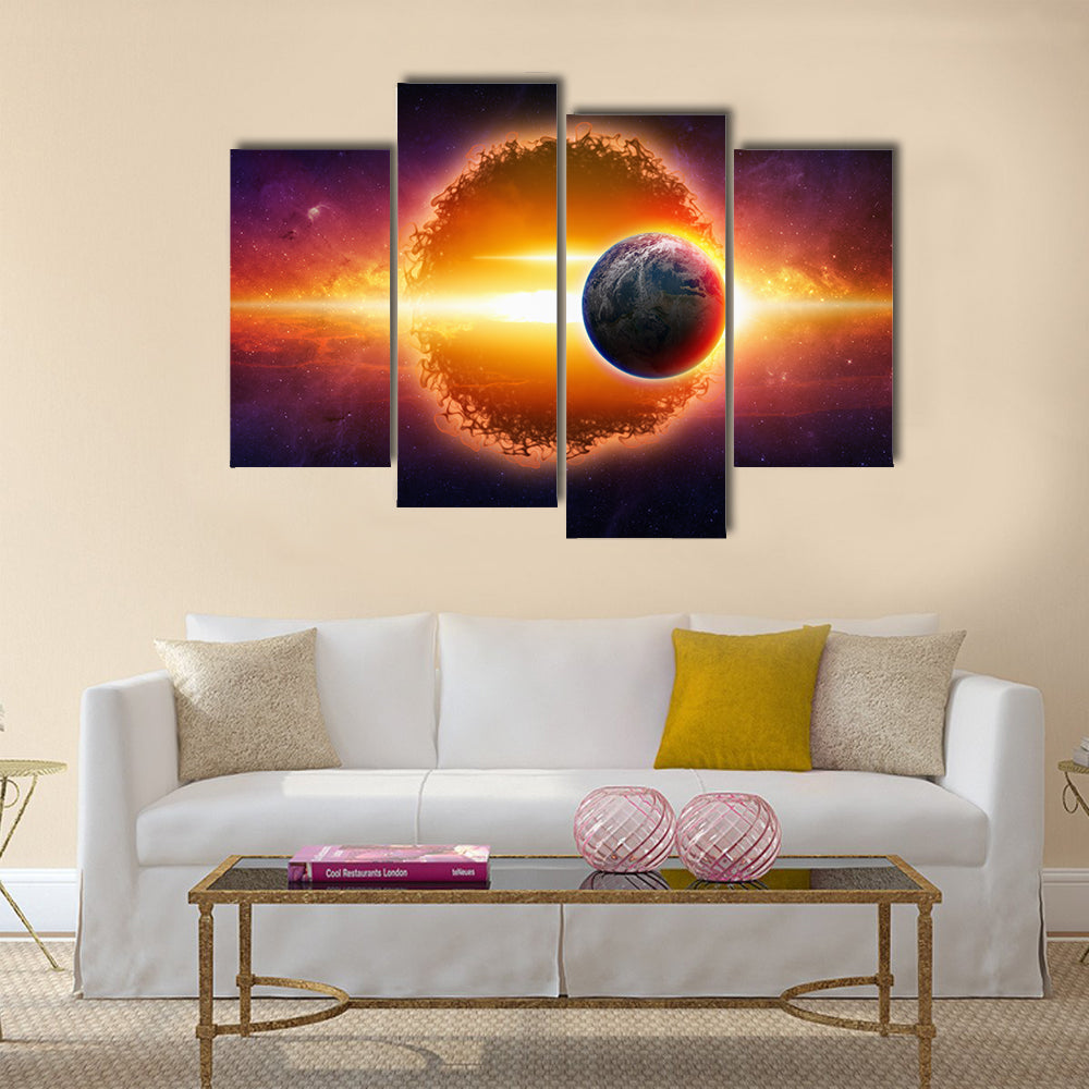 Fantastic Scenery of Aliens Planet Approaching Earth In Space For War Multi Panel Canvas Wall Art