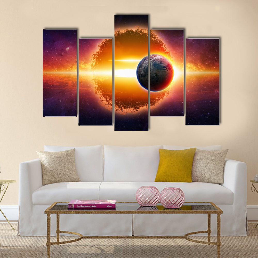 Fantastic Scenery of Aliens Planet Approaching Earth In Space For War Multi Panel Canvas Wall Art