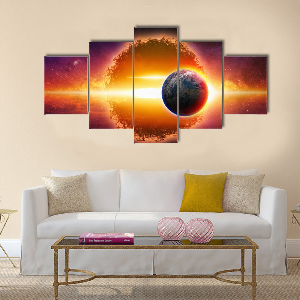 Fantastic Scenery of Aliens Planet Approaching Earth In Space For War Multi Panel Canvas Wall Art