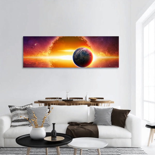 Aliens planet approaching planet Earth in space  by NASA panoramic canvas wall art