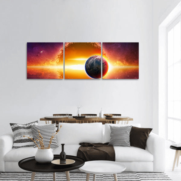 Aliens planet approaching planet Earth in space  by NASA panoramic canvas wall art