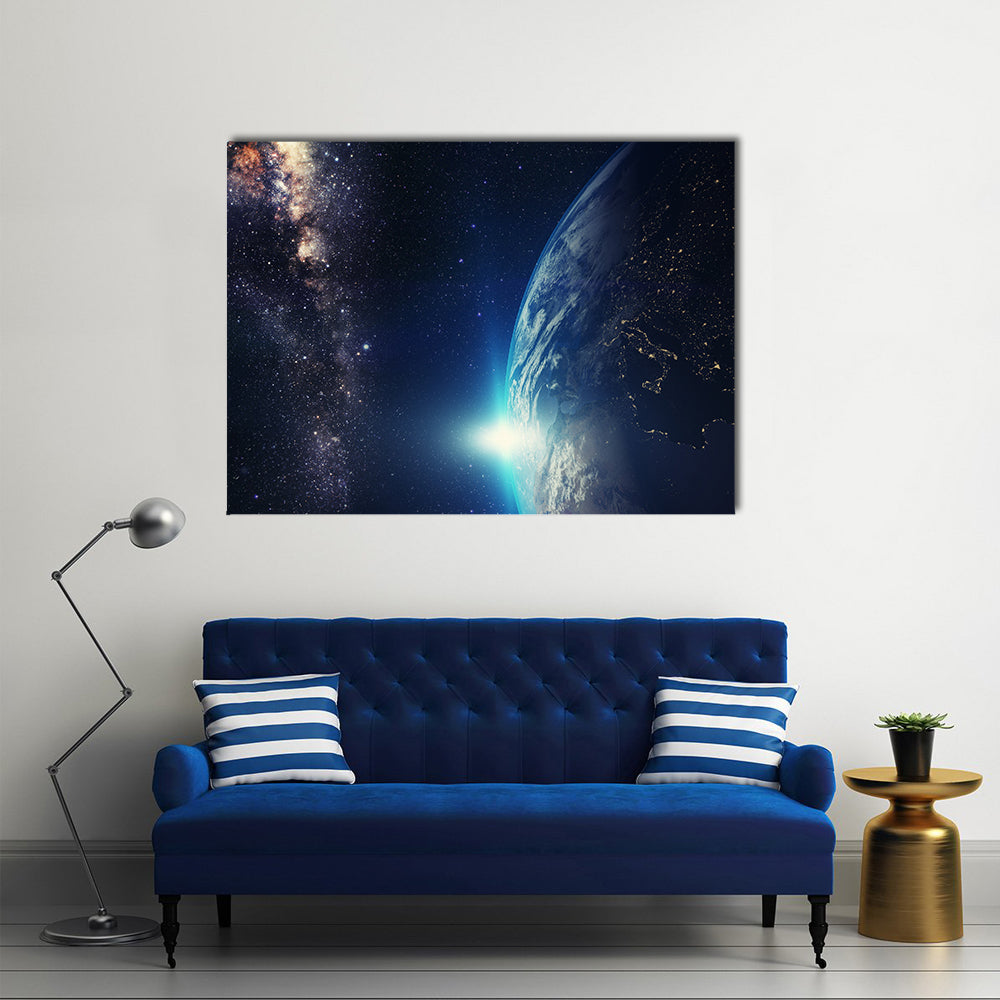 Blue Sunrise Scenery With Milky Way Galaxy Multi Panel Canvas Wall Art
