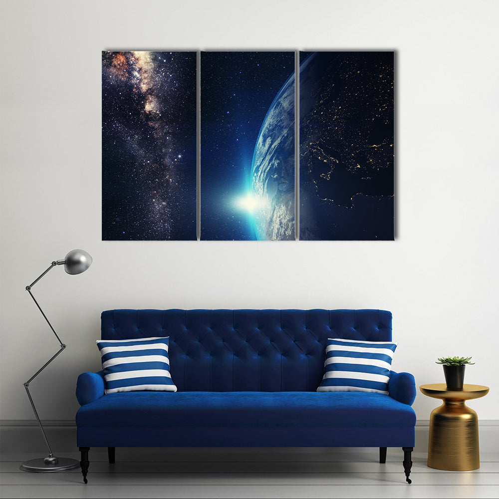 Blue Sunrise Scenery With Milky Way Galaxy Multi Panel Canvas Wall Art
