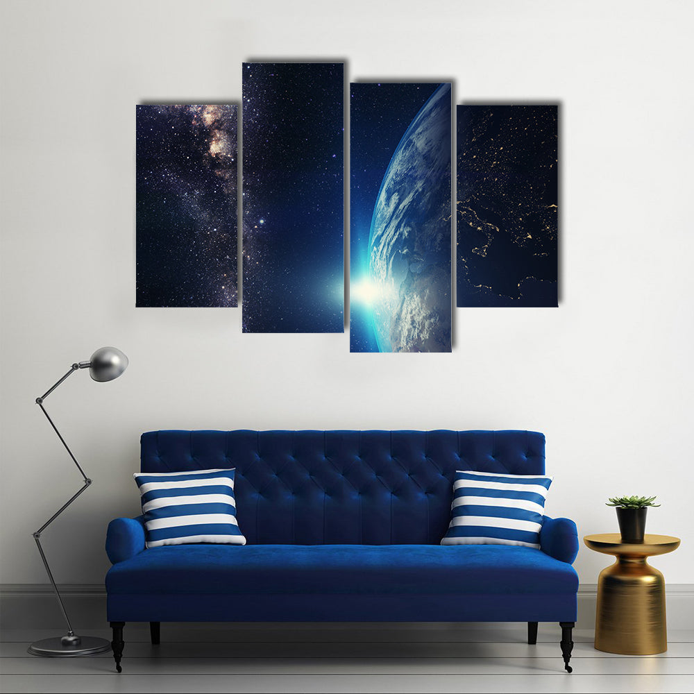 Blue Sunrise Scenery With Milky Way Galaxy Multi Panel Canvas Wall Art