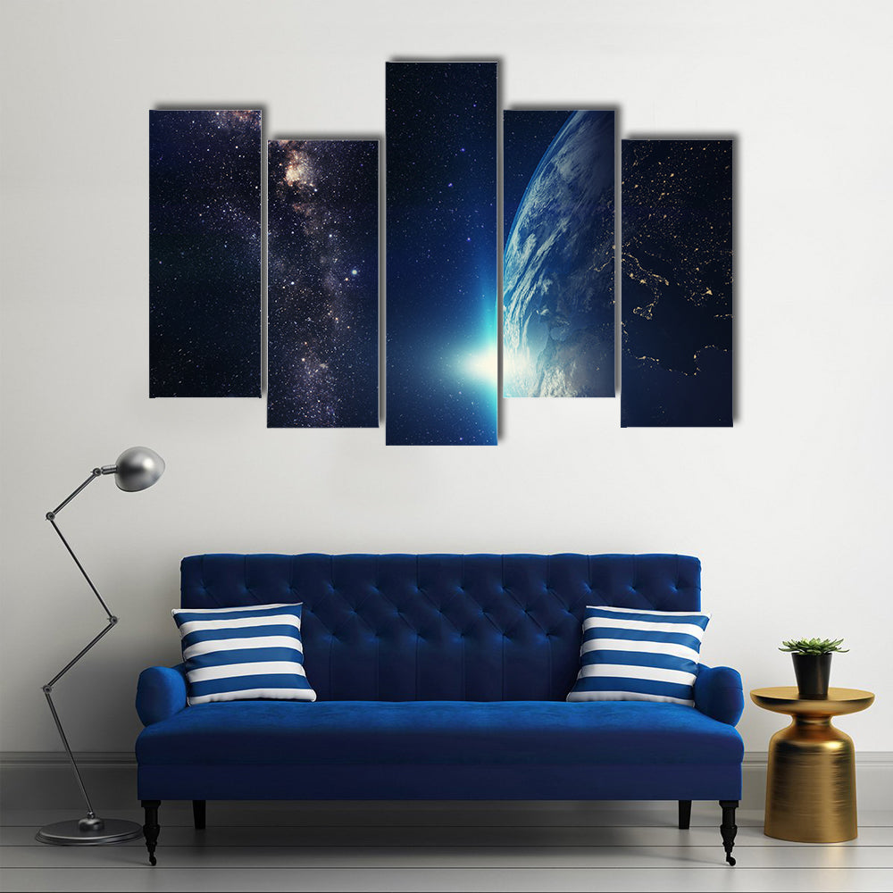 Blue Sunrise Scenery With Milky Way Galaxy Multi Panel Canvas Wall Art