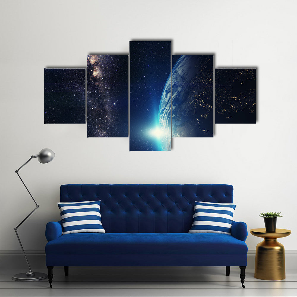 Blue Sunrise Scenery With Milky Way Galaxy Multi Panel Canvas Wall Art