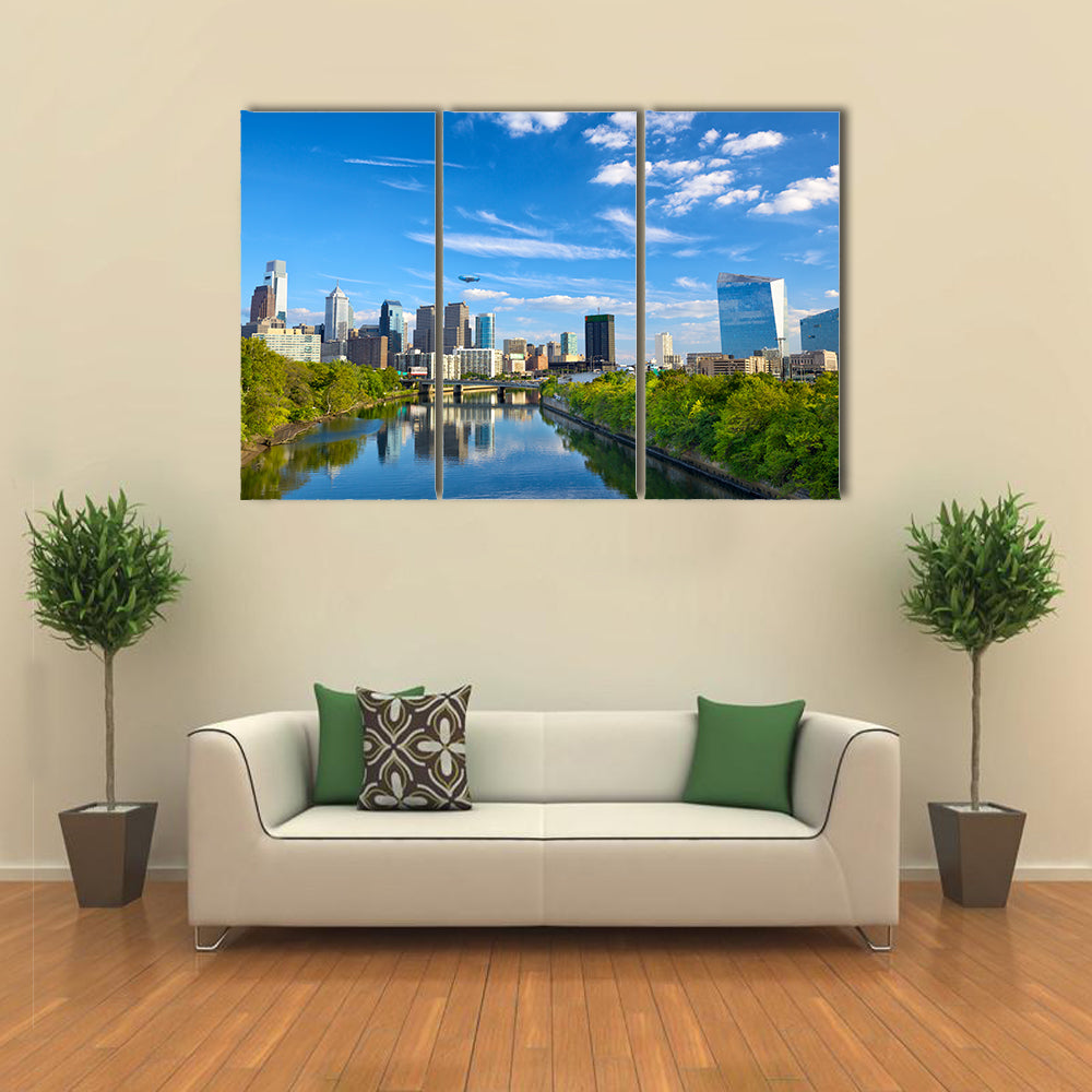 Downtown skyline and Schuylkill River in Philadelphia, Pennsylvania, USA multi panel canvas wall art