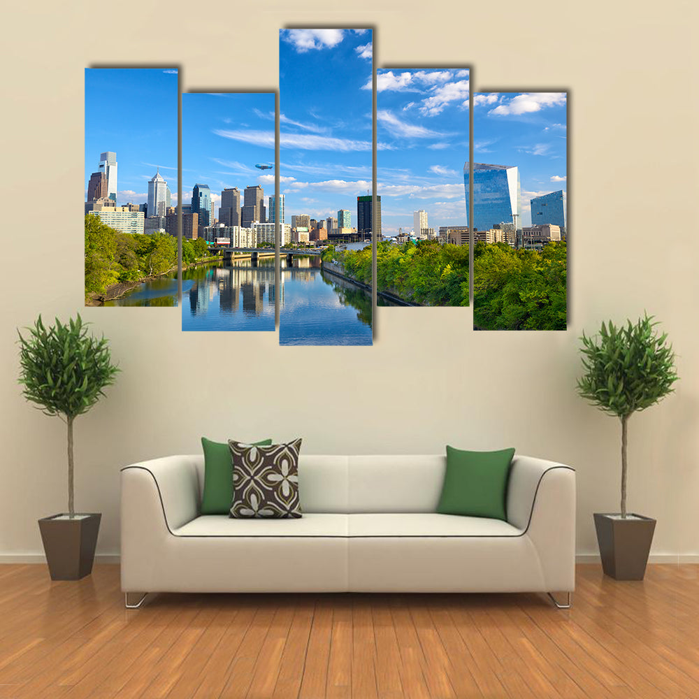 Downtown skyline and Schuylkill River in Philadelphia, Pennsylvania, USA multi panel canvas wall art