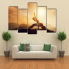 Asian man, fighter practices martial arts in high mountains at sunset Multi panel canvas wall art