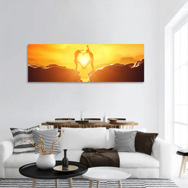 Couple heart shape precipice two rocky mountains at sunset panoramic canvas wall art