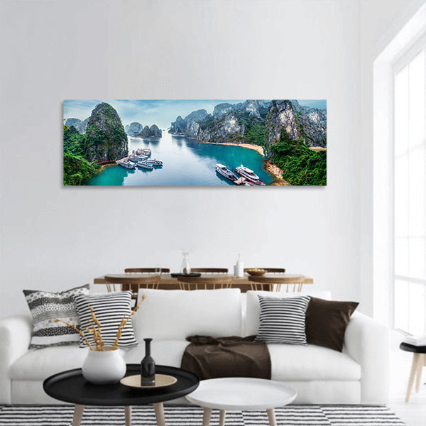 Tourist junks floating limestone rocks Ha Long Bay,China Sea panoramic canvas wall art