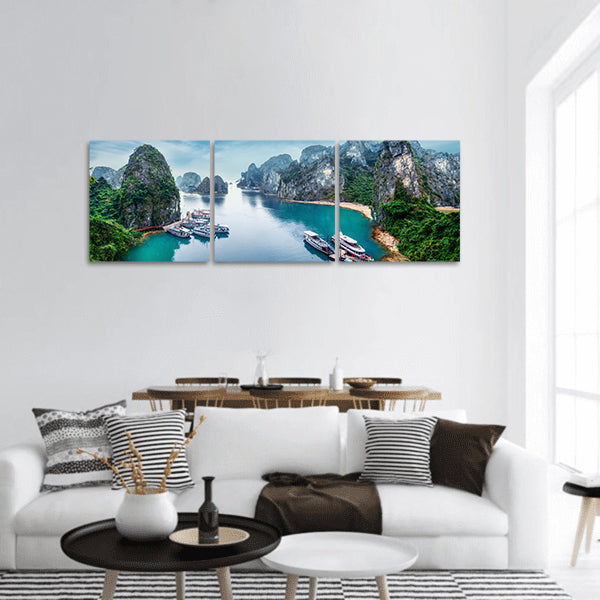 Tourist junks floating limestone rocks Ha Long Bay,China Sea panoramic canvas wall art