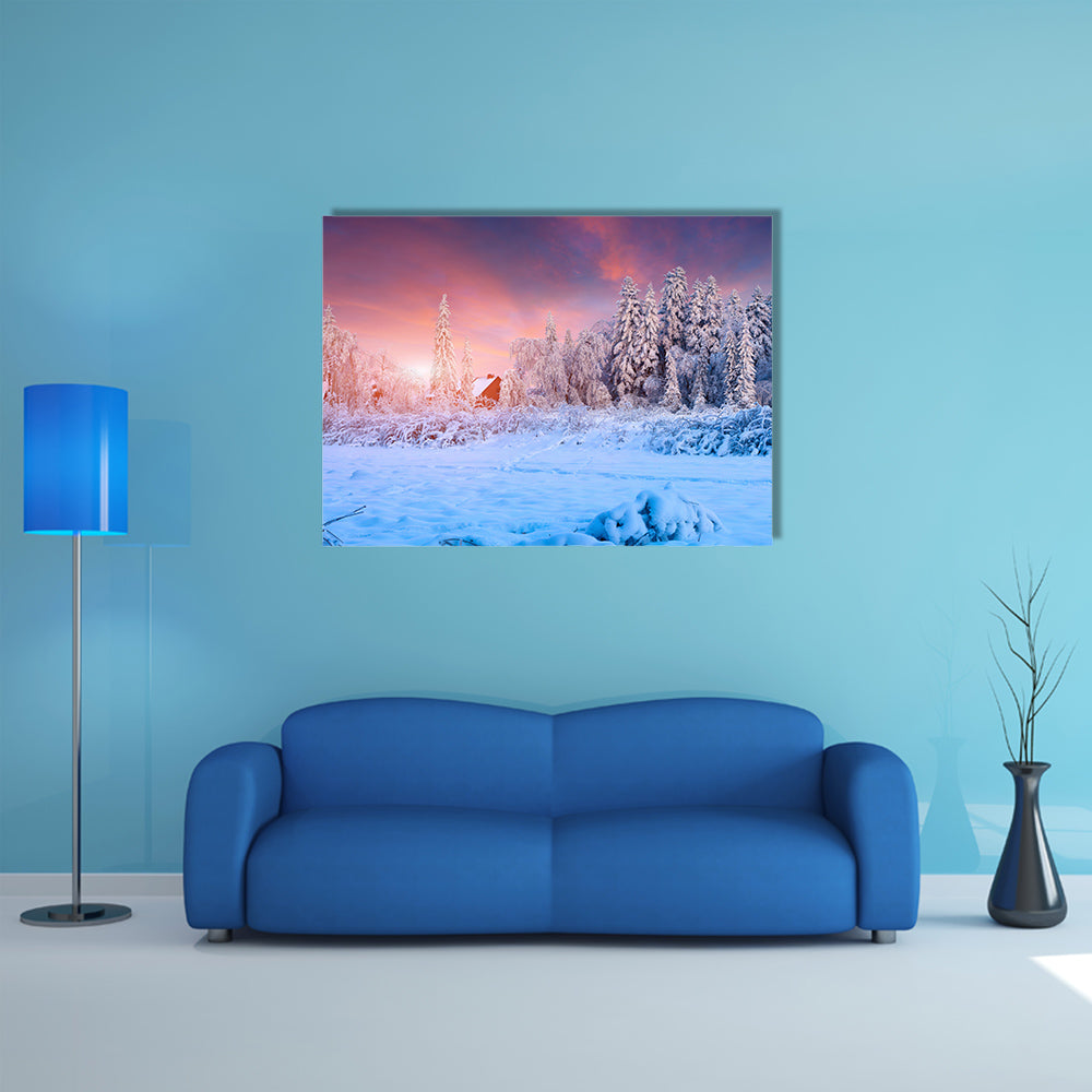 The Colorful Winter Sunset In The Mountain Village, Ukraine Multi Panel Canvas Wall Art