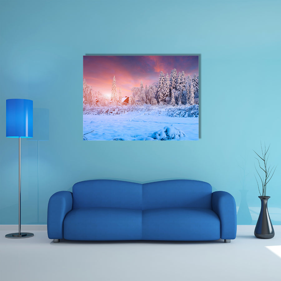 The Colorful Winter Sunset In The Mountain Village, Ukraine Multi Panel Canvas Wall Art