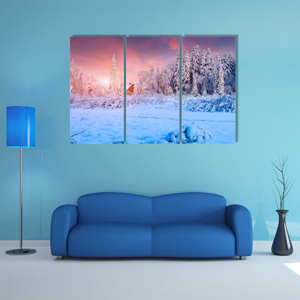 The Colorful Winter Sunset In The Mountain Village, Ukraine Multi Panel Canvas Wall Art