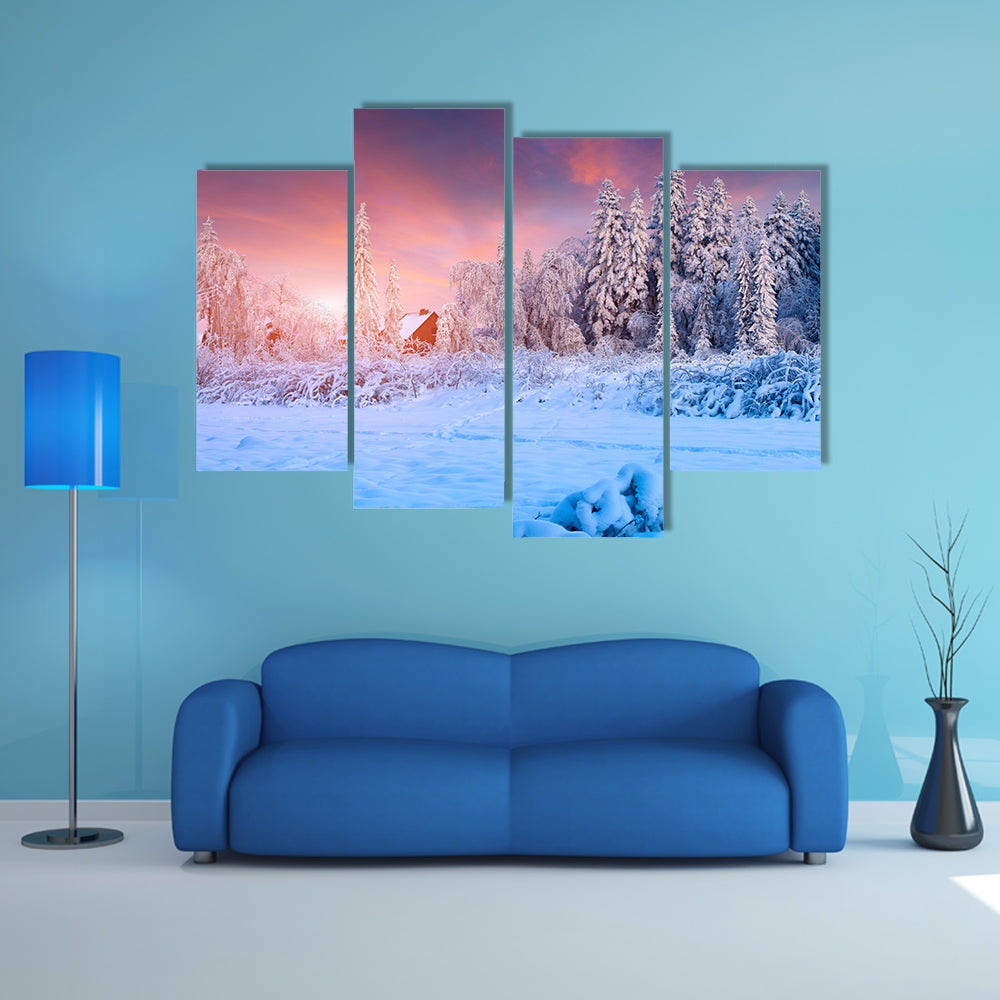 The Colorful Winter Sunset In The Mountain Village, Ukraine Multi Panel Canvas Wall Art