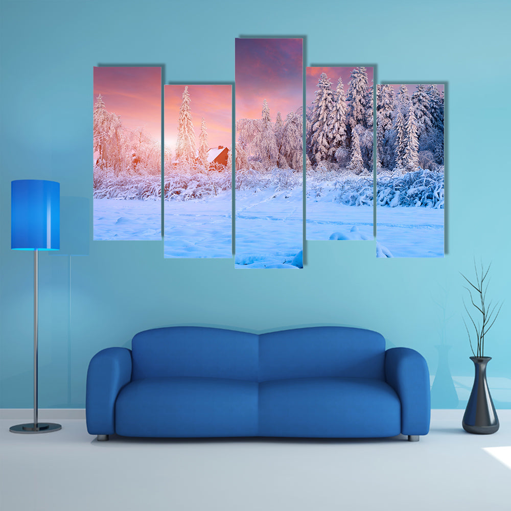 The Colorful Winter Sunset In The Mountain Village, Ukraine Multi Panel Canvas Wall Art