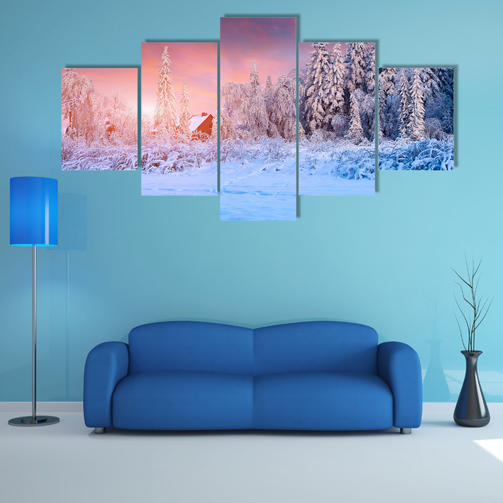 The Colorful Winter Sunset In The Mountain Village, Ukraine Multi Panel Canvas Wall Art