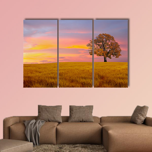 Alone tree in the field with clouds multi panel canvas wall art