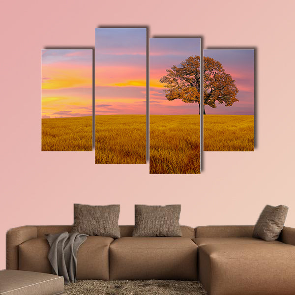 Alone tree in the field with clouds multi panel canvas wall art