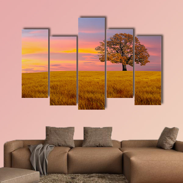 Alone tree in the field with clouds multi panel canvas wall art