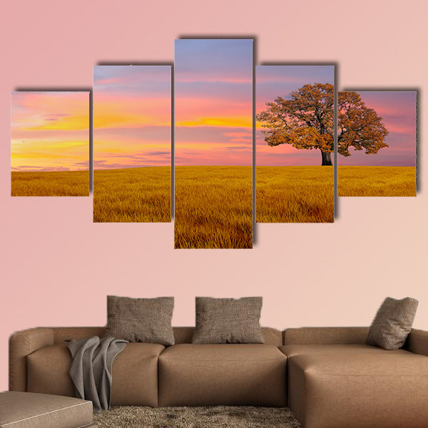Alone tree in the field with clouds multi panel canvas wall art