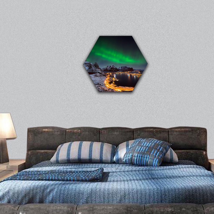 northern lights over Reine, Lofoten islands, Norway hexagonal canvas wall art