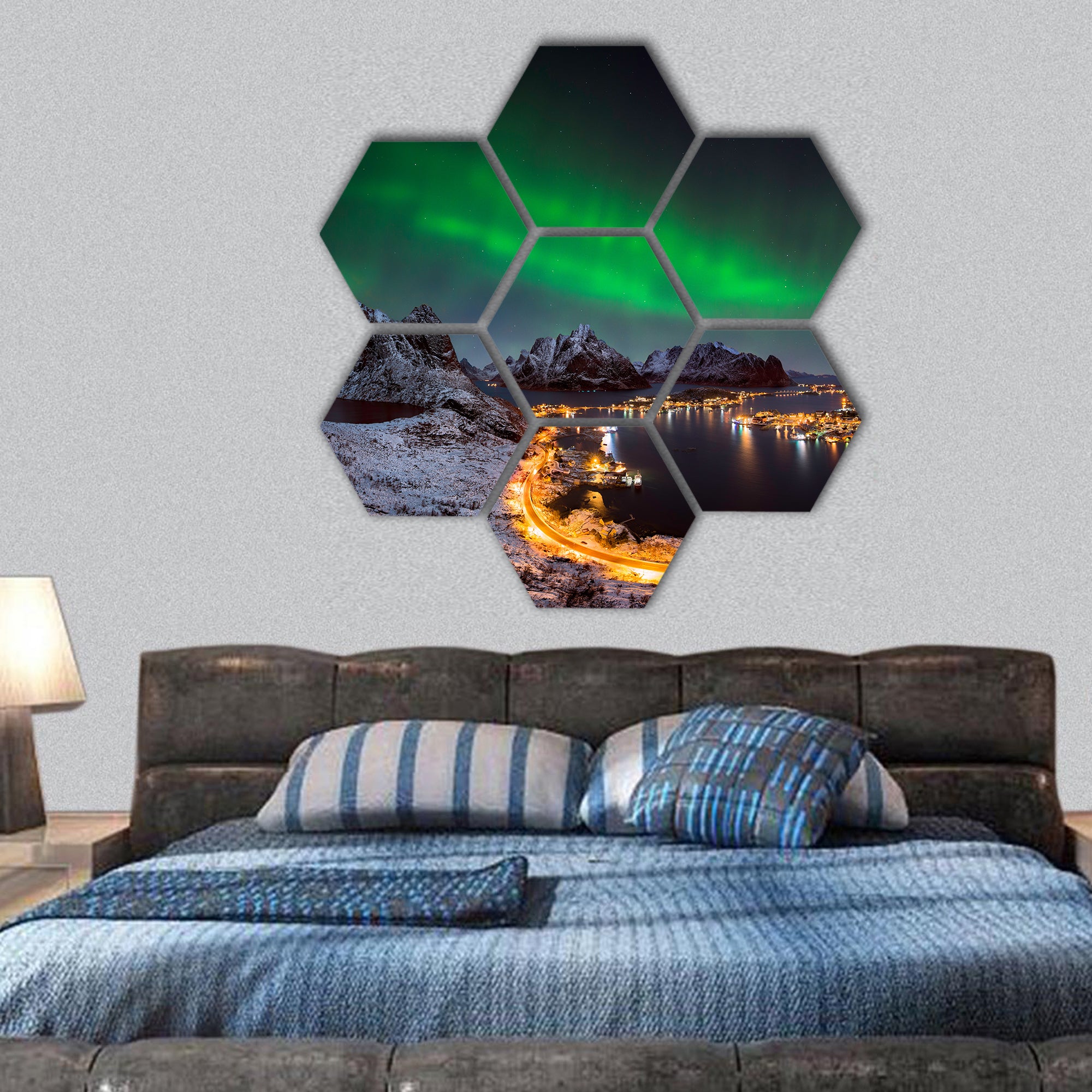 northern lights over Reine, Lofoten islands, Norway hexagonal canvas wall art