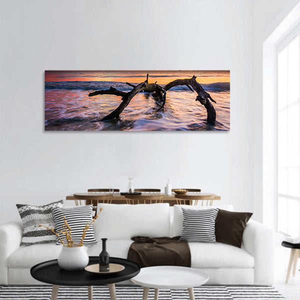 Atlantic Ocean at sunrise at Driftwood Beach, Jekyll Island, panoramic canvas wall art
