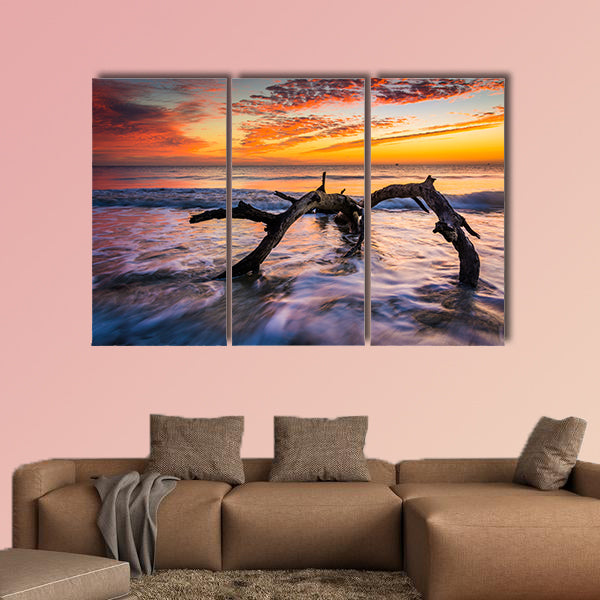 Tree and waves in the Atlantic Ocean at sunrise multi panel canvas wall art
