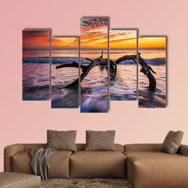 Tree and waves in the Atlantic Ocean at sunrise multi panel canvas wall art