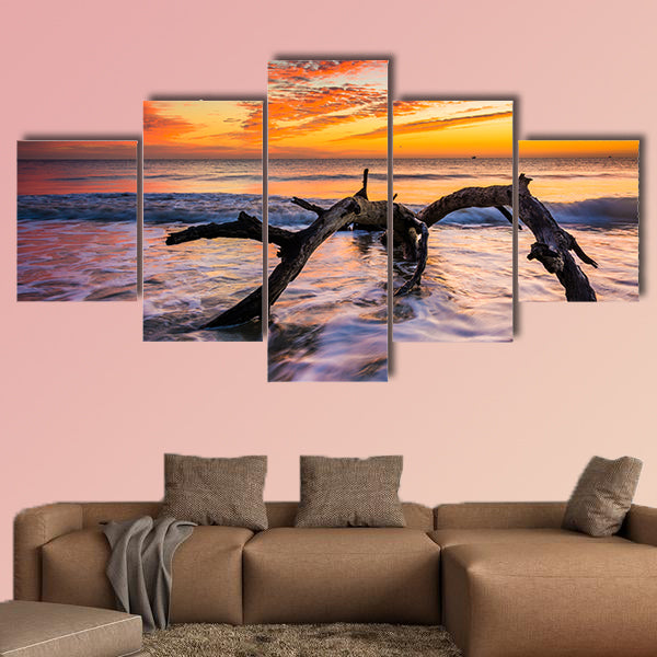Tree and waves in the Atlantic Ocean at sunrise multi panel canvas wall art