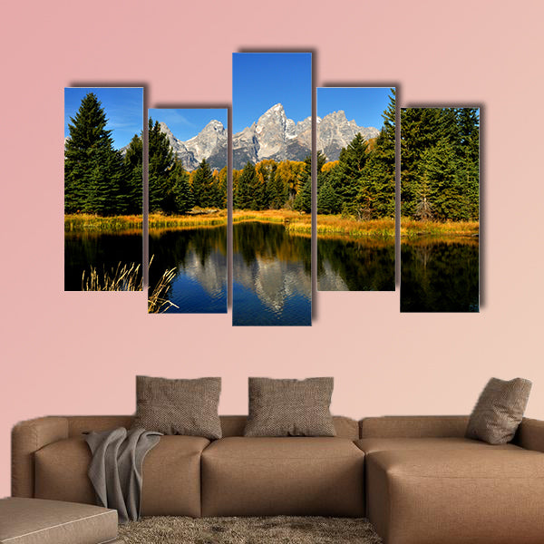 Water reflections in fall in the Grand Tetons multi panel canvas wall art