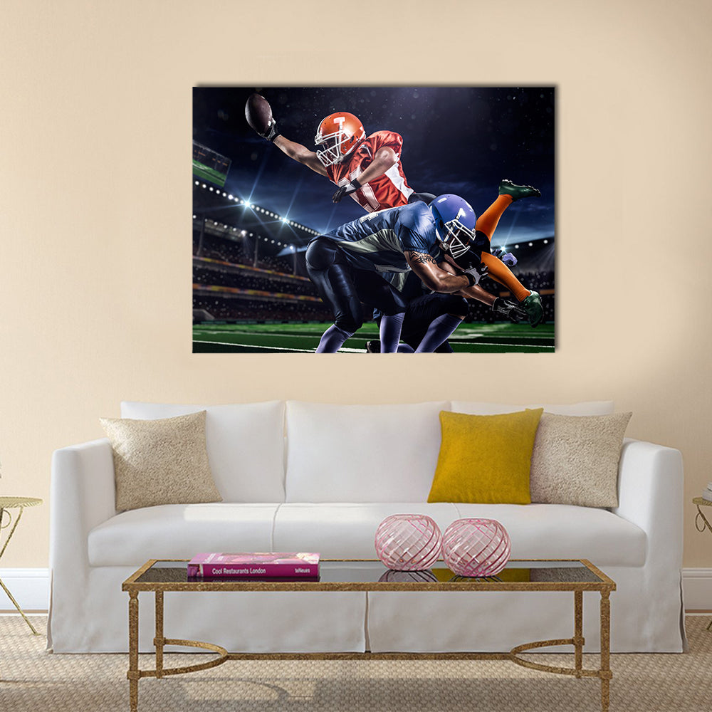 Strong American football player in action on the stadium Multi panel canvas wall art