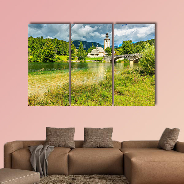 Church and stone bridge,Ribicev Laz, Lake Bohinj, Slovenia, Europe wall art