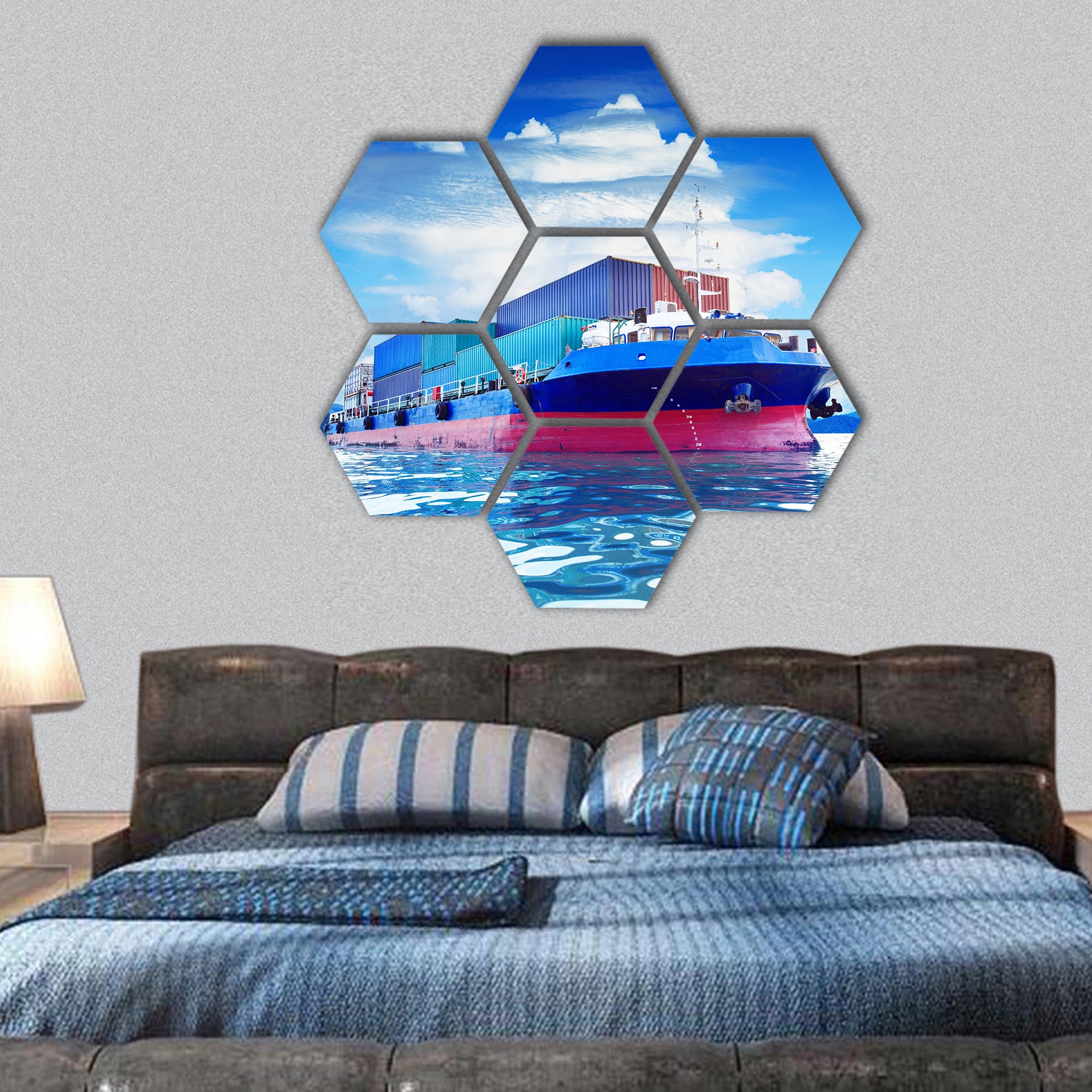 Container ship in naval transportation hexagonal canvas wall art